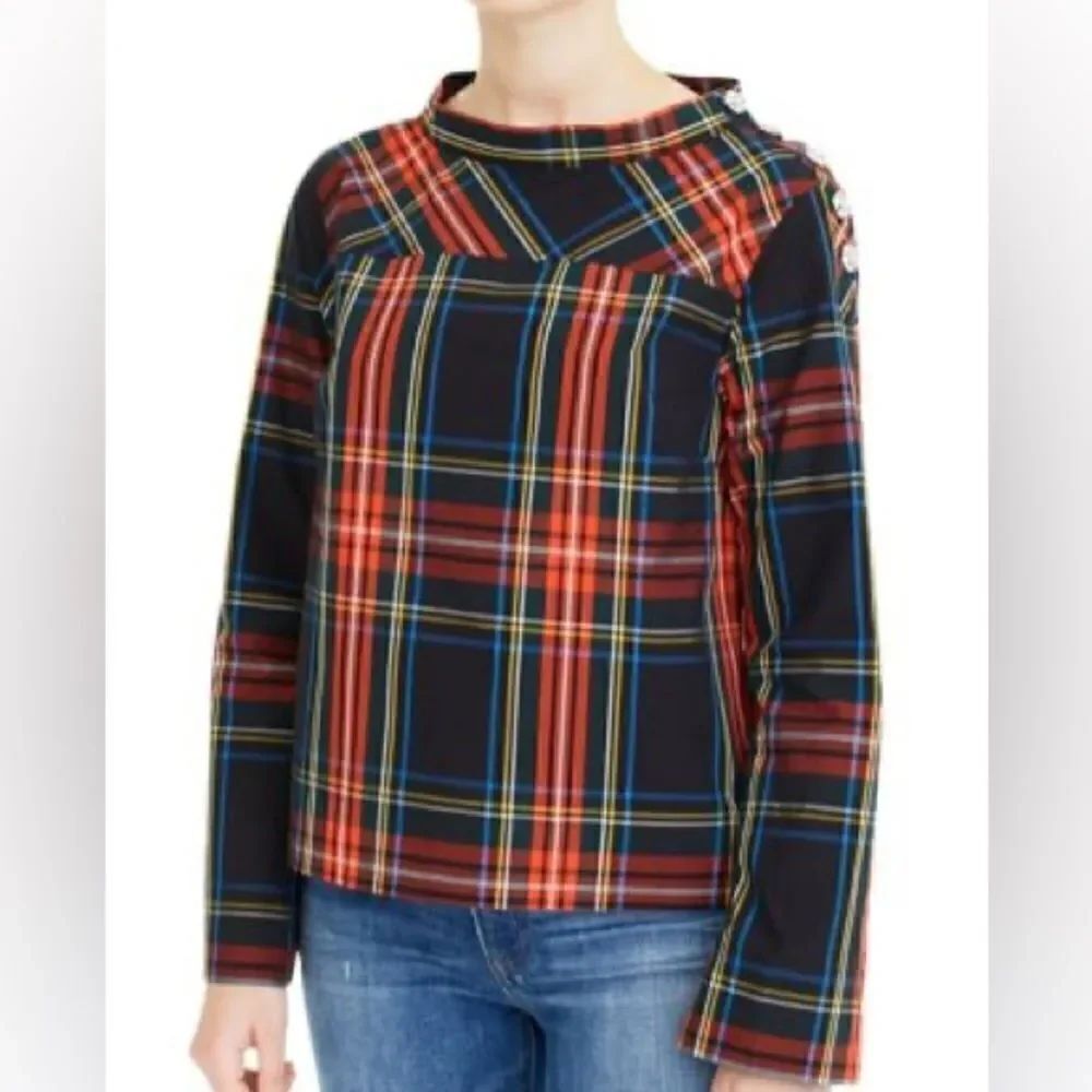 J Crew Holiday Stewart Plaid Blouse with Jewel Accessories